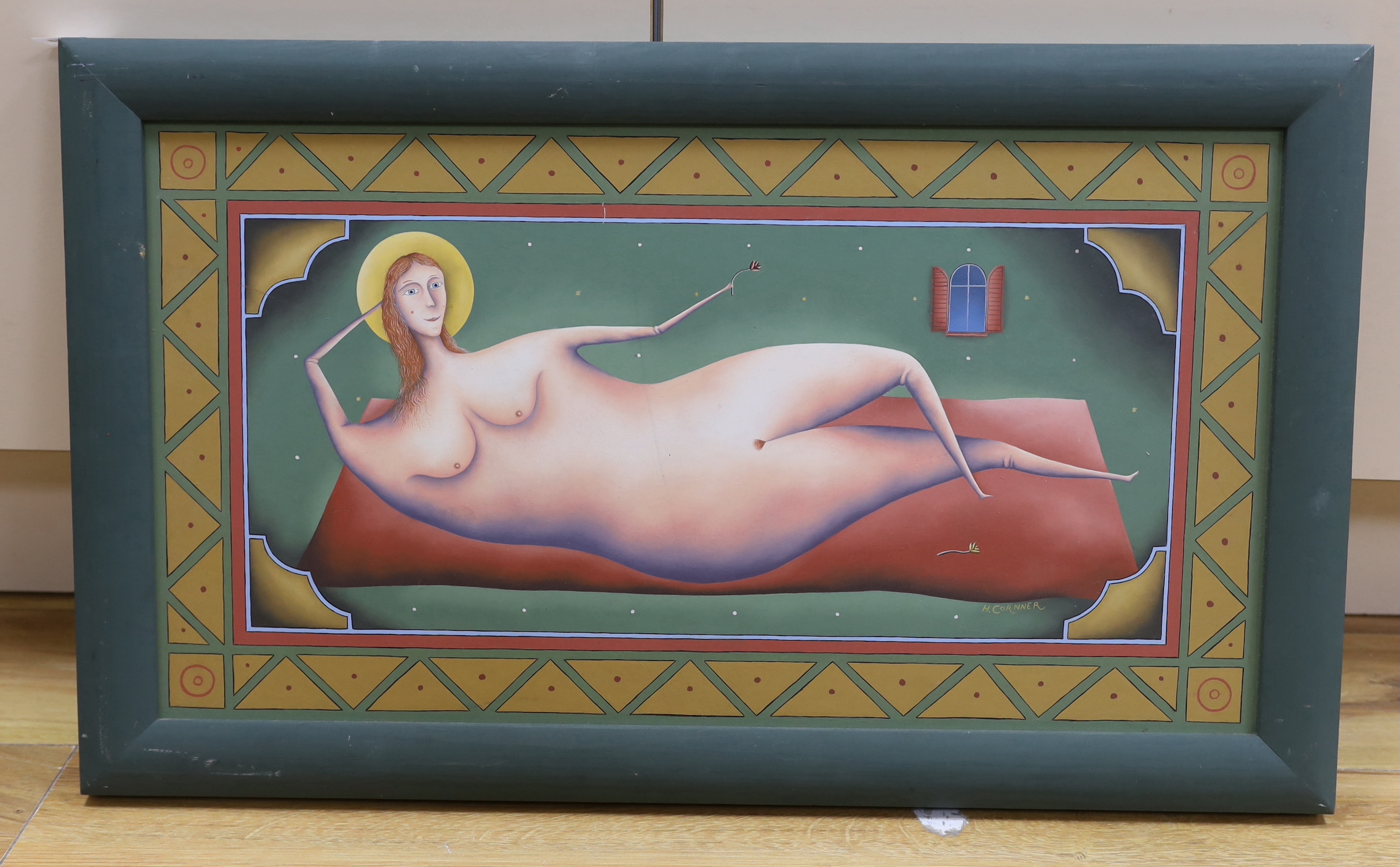 Haydn Cornner (b.1961), oil on board, Reclining nude lady with geometric border, 60cm x 33cm